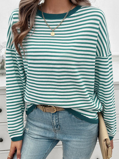 Devine Striped Round Neck Dropped Shoulder Sweater-Angel Casuals