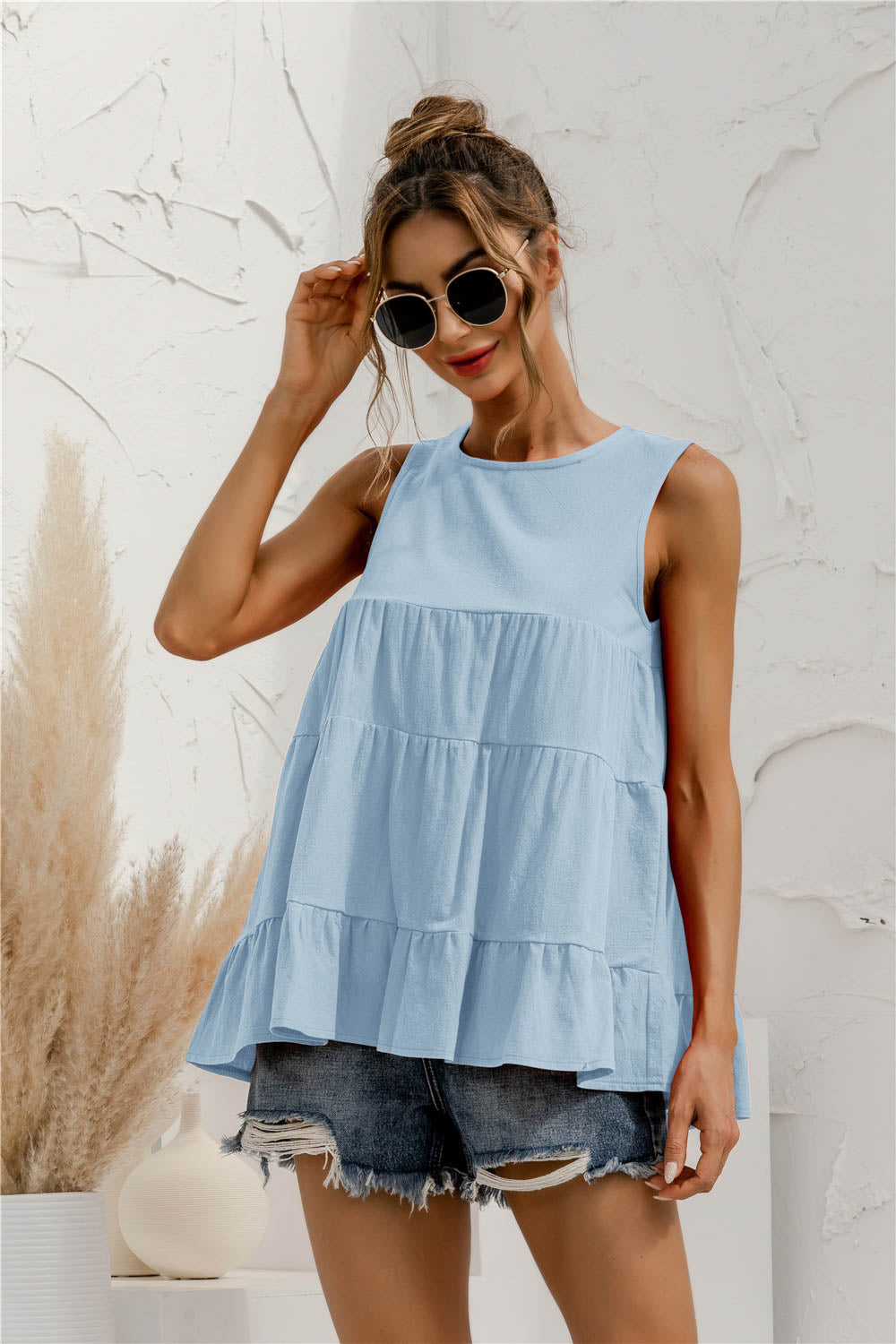 Round Neck Tiered Tank-Angel Casuals