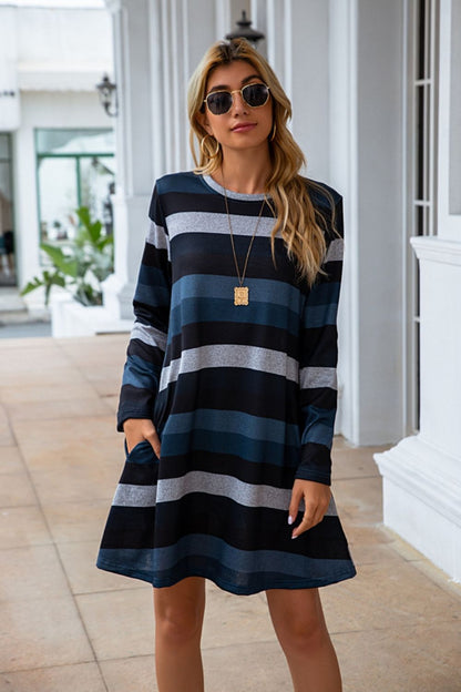 Striped Round Neck Long Sleeve Dress-Angel Casuals