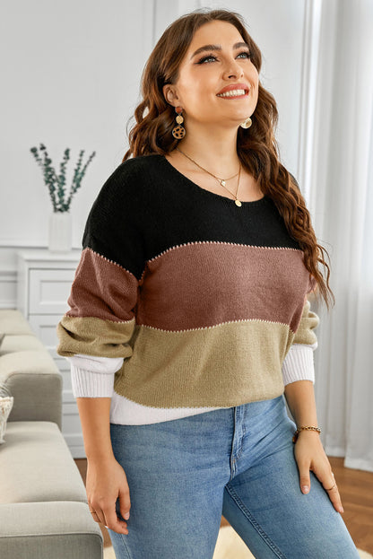 Plus Size Color Block Round Neck Sweater-Angel Casuals