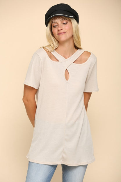 Celeste Full Size Crisscross Cutout Short Sleeve T-Shirt-Angel Casuals