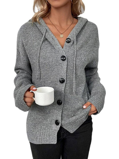 Button Up Drawstring Long Sleeve Hooded Cardigan-Angel Casuals