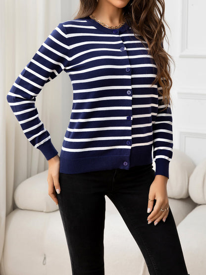 Striped Round Neck Long Sleeve Buttoned Knit Top-Angel Casuals