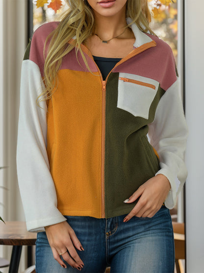 Shiny Color Block Zip-Up Long Sleeve Jacket-Angel Casuals