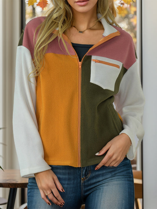 Shiny Color Block Zip-Up Long Sleeve Jacket-Angel Casuals