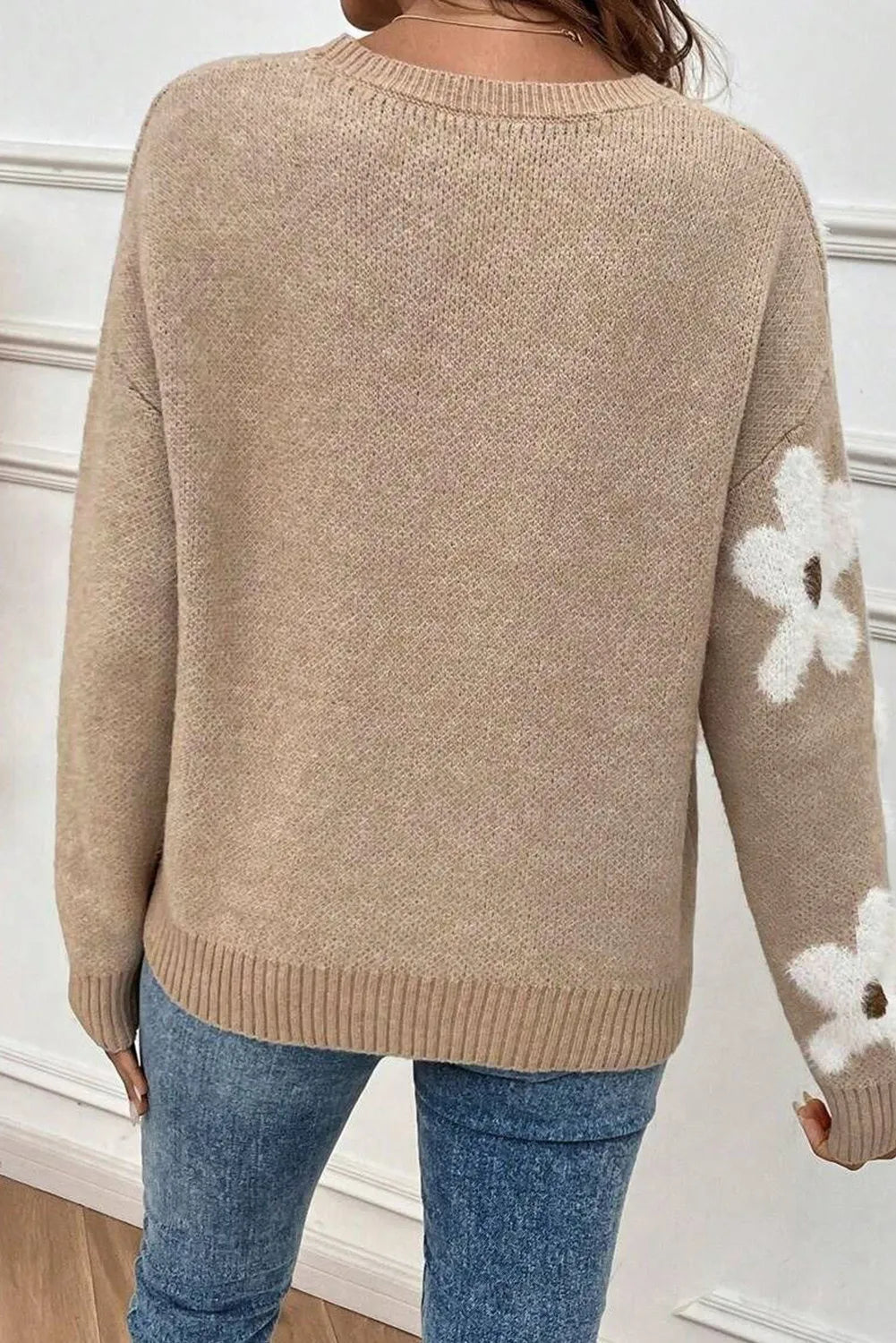 Flower Round Neck Long Sleeve Sweater-Angel Casuals