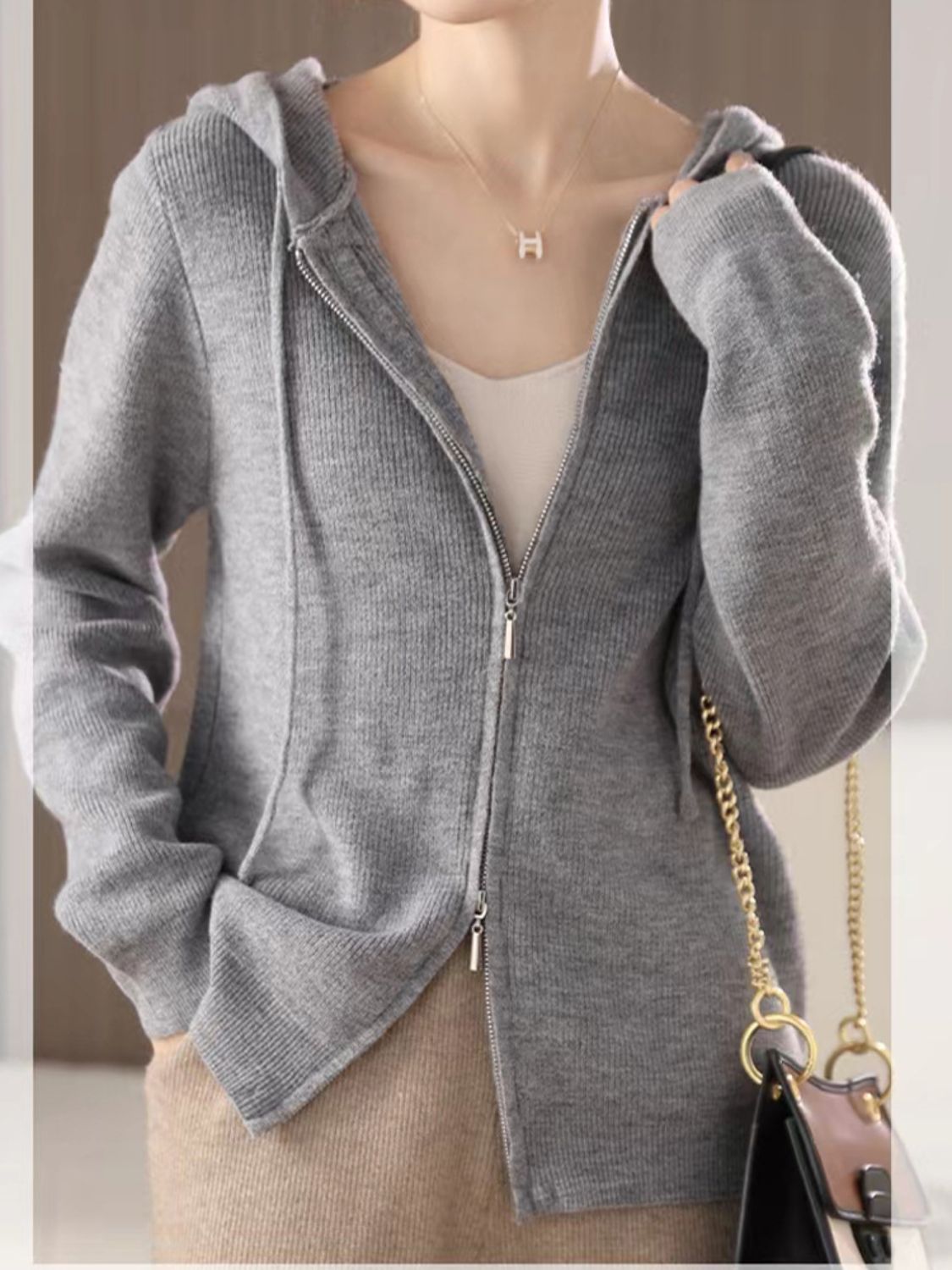 Drawstring Zip Up Long Sleeve Hooded Sweater-Angel Casuals