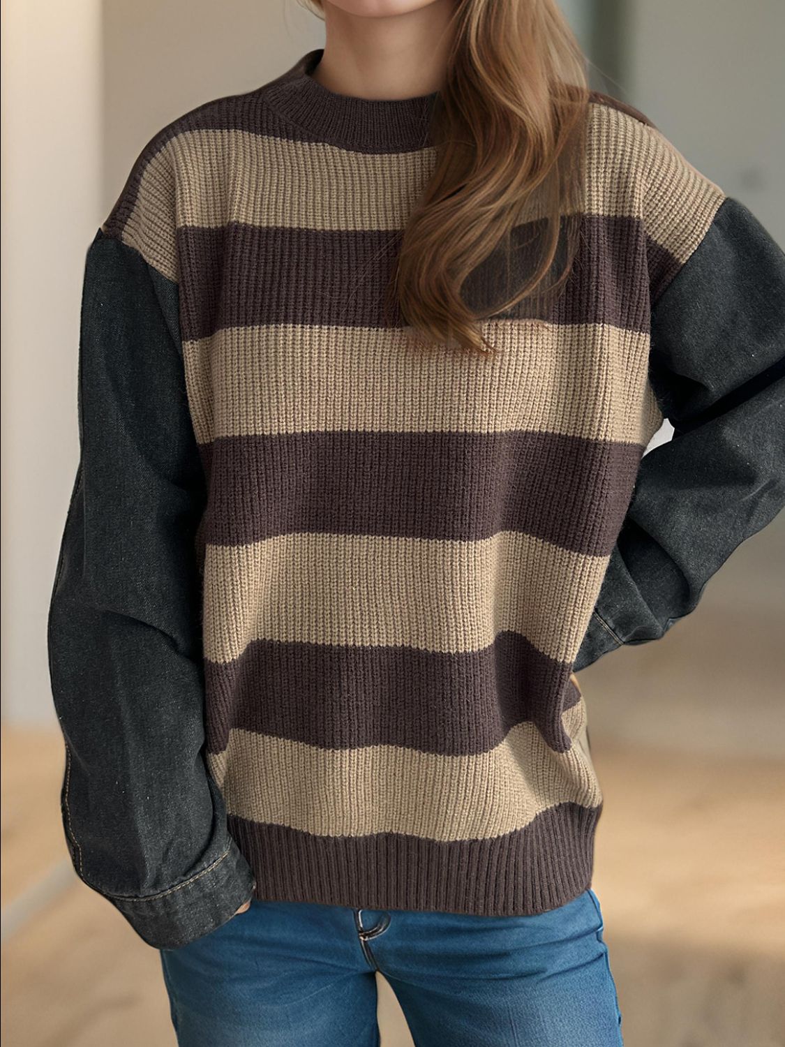 Contrast Round Neck Long Sleeve Sweater-Angel Casuals