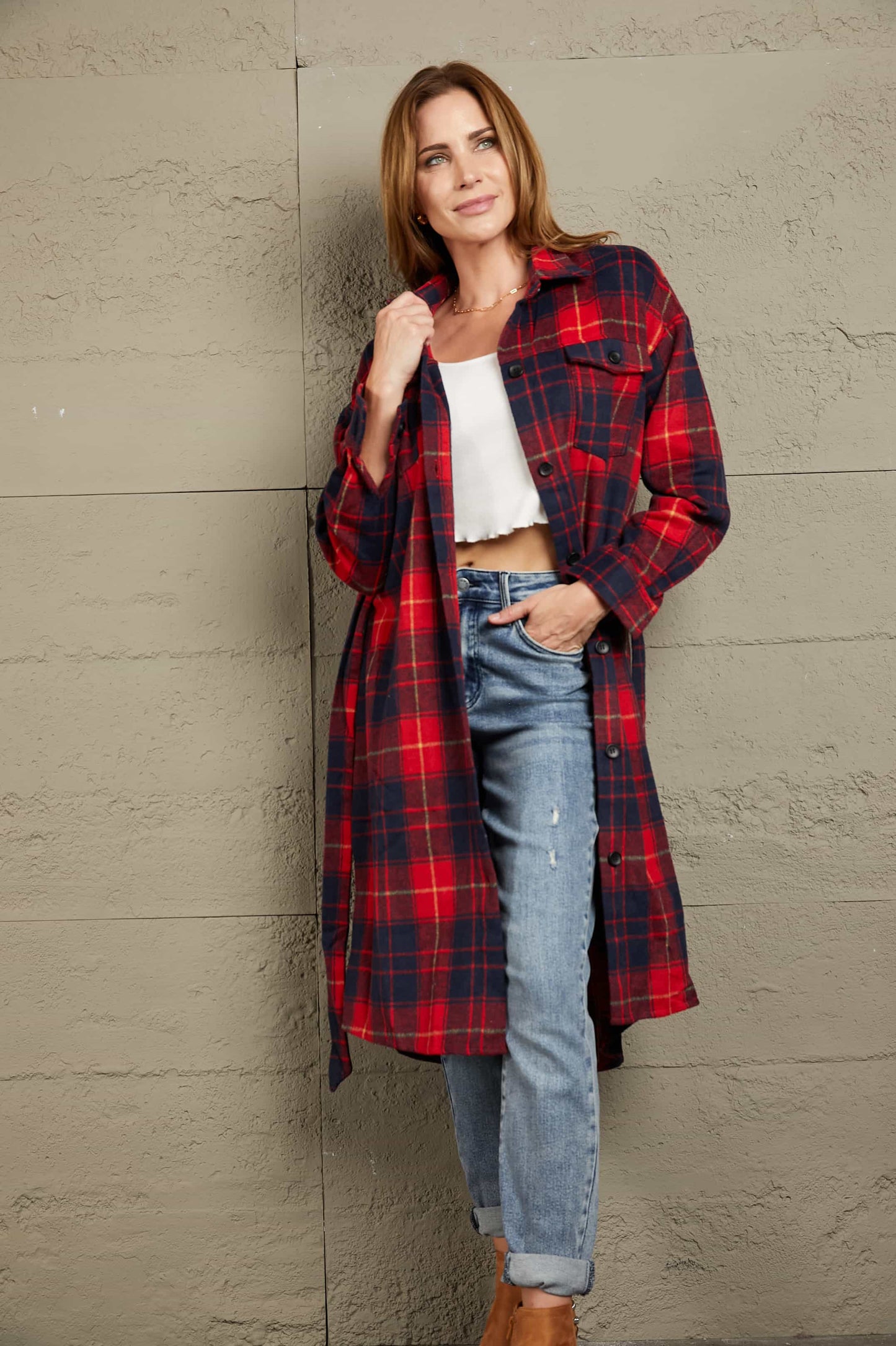 Plaid Belted Button Down Longline Shirt Jacket-Angel Casuals