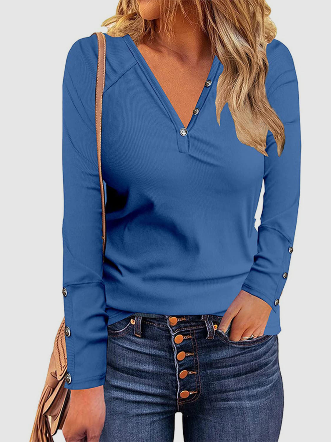 Decorative Button V-Neck Long Sleeve T-Shirt-Angel Casuals