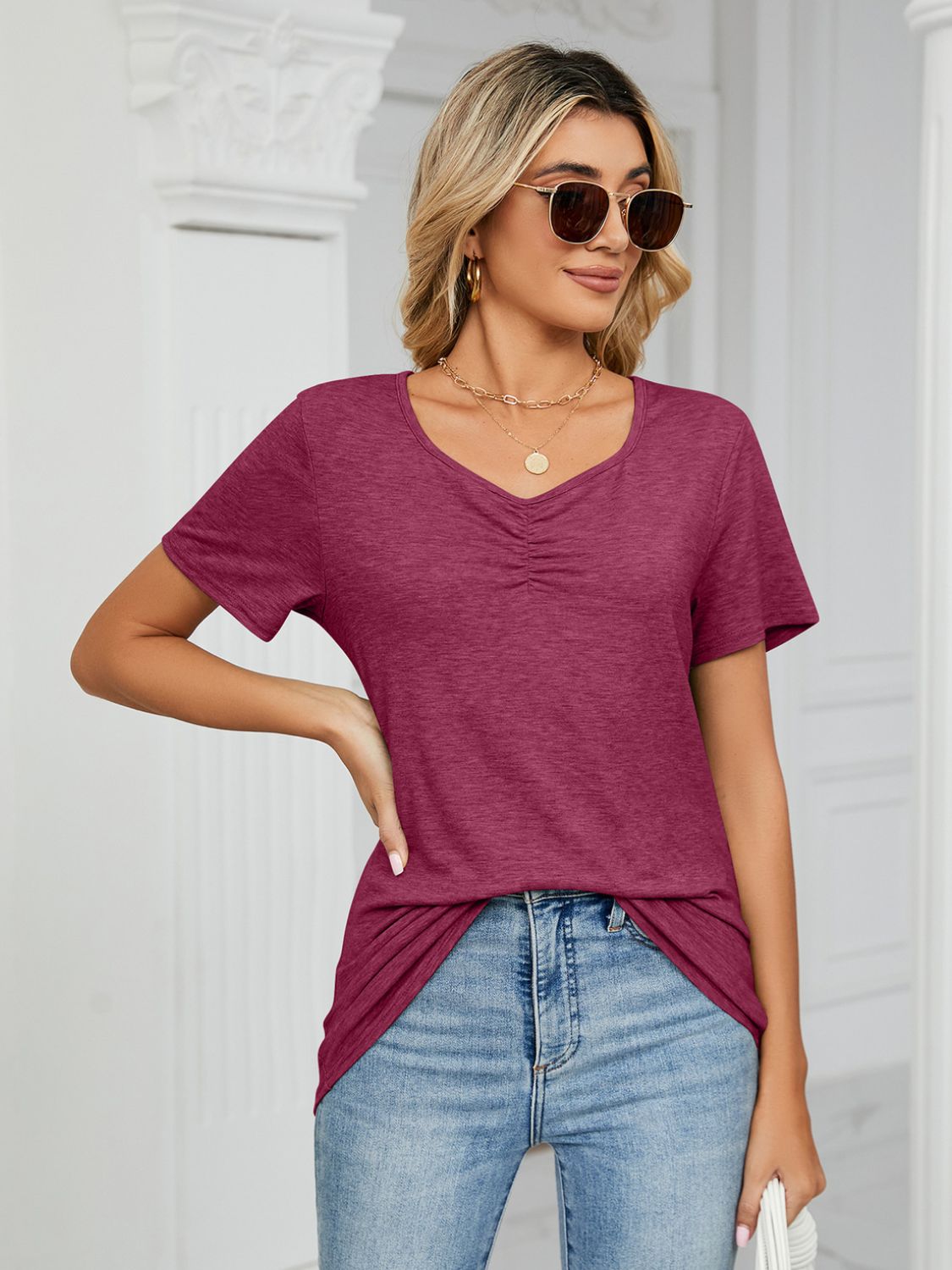 Ruched V-Neck Short Sleeve T-Shirt-Angel Casuals