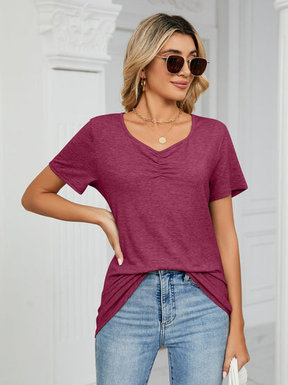 Ruched V-Neck Short Sleeve T-Shirt-Angel Casuals