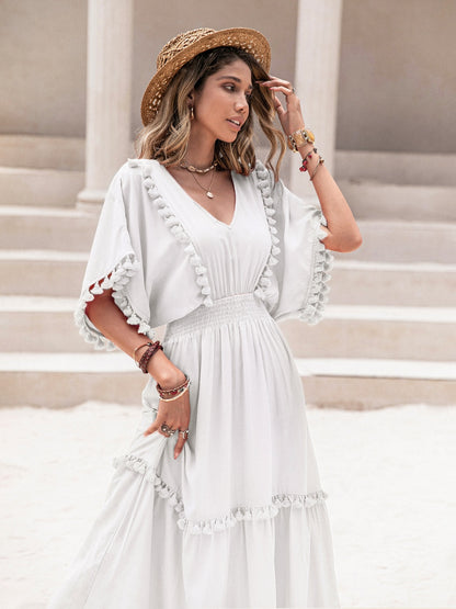 Tassel Trim Smocked V-Neck Short Sleeve Dress-Angel Casuals