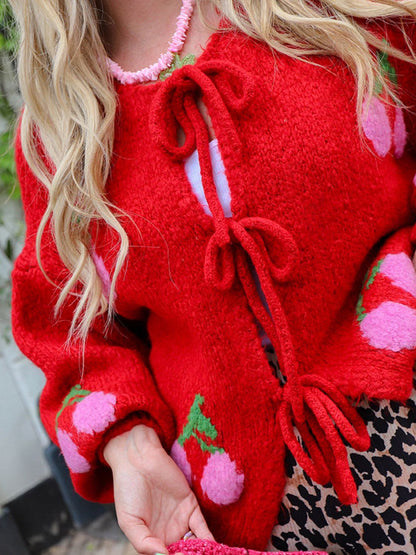 Tied Cherry Round Neck Long Sleeve Cardigan-Angel Casuals