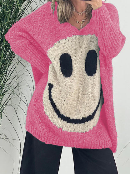 Smiling Face V-Neck Long Sleeve Sweater-Angel Casuals