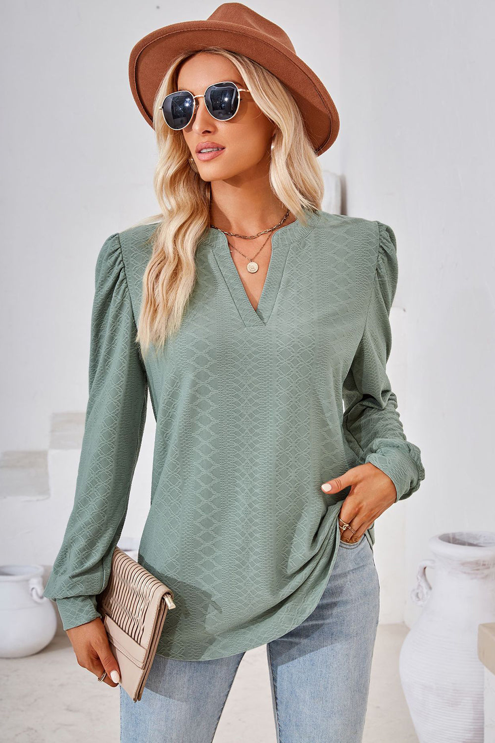 Notched Long Sleeve T-Shirt-Angel Casuals