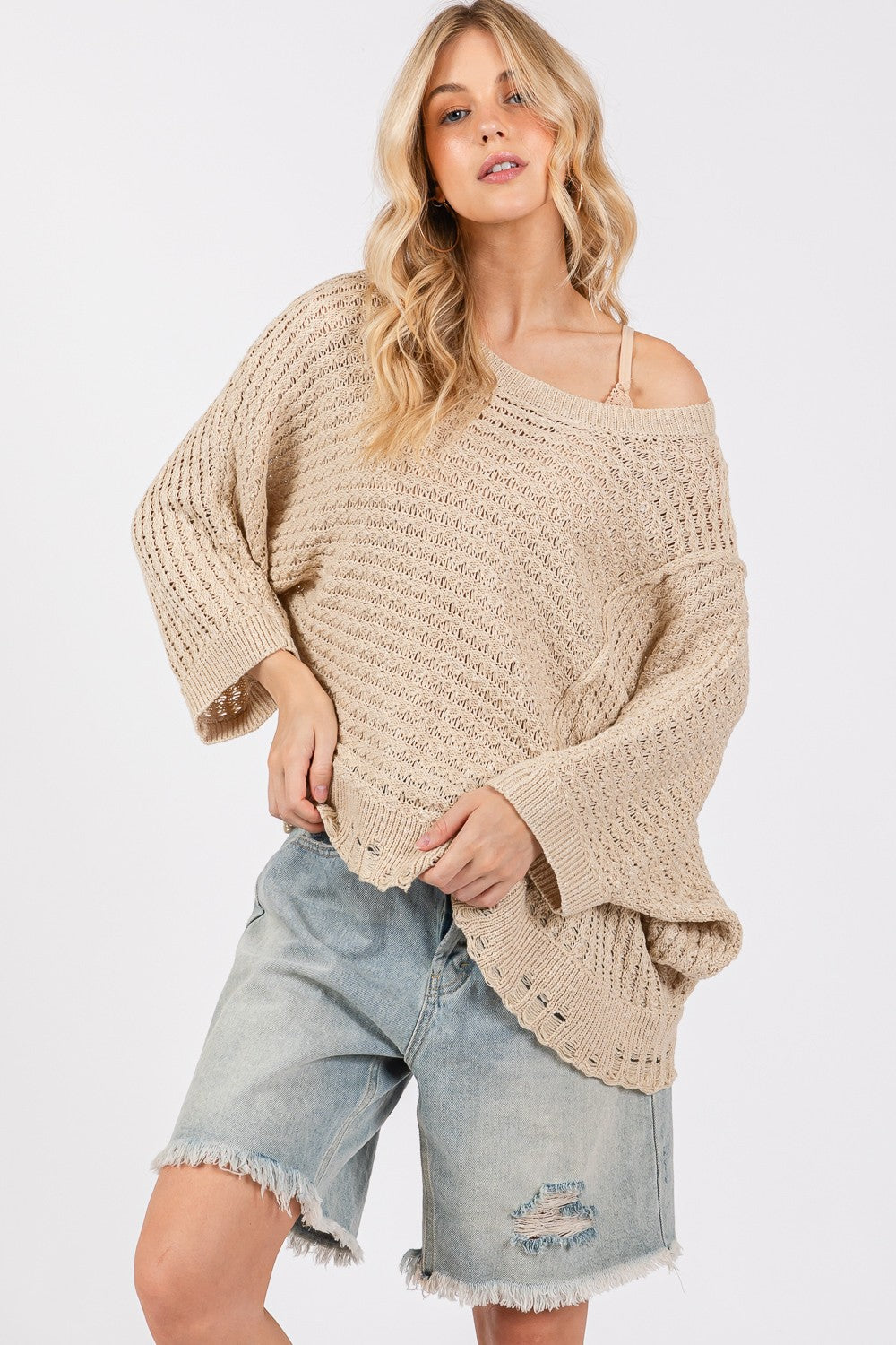 SAGE + FIG Distressed Asymmetrical Open Stitch Sweater-Angel Casuals