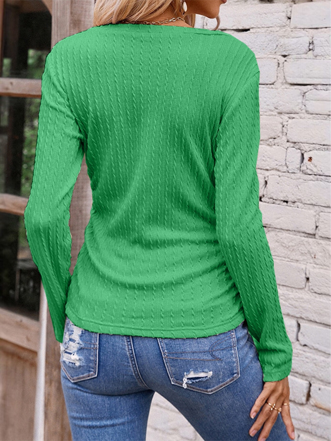 Textured Ruched V-Neck Long Sleeve T-Shirt-Angel Casuals