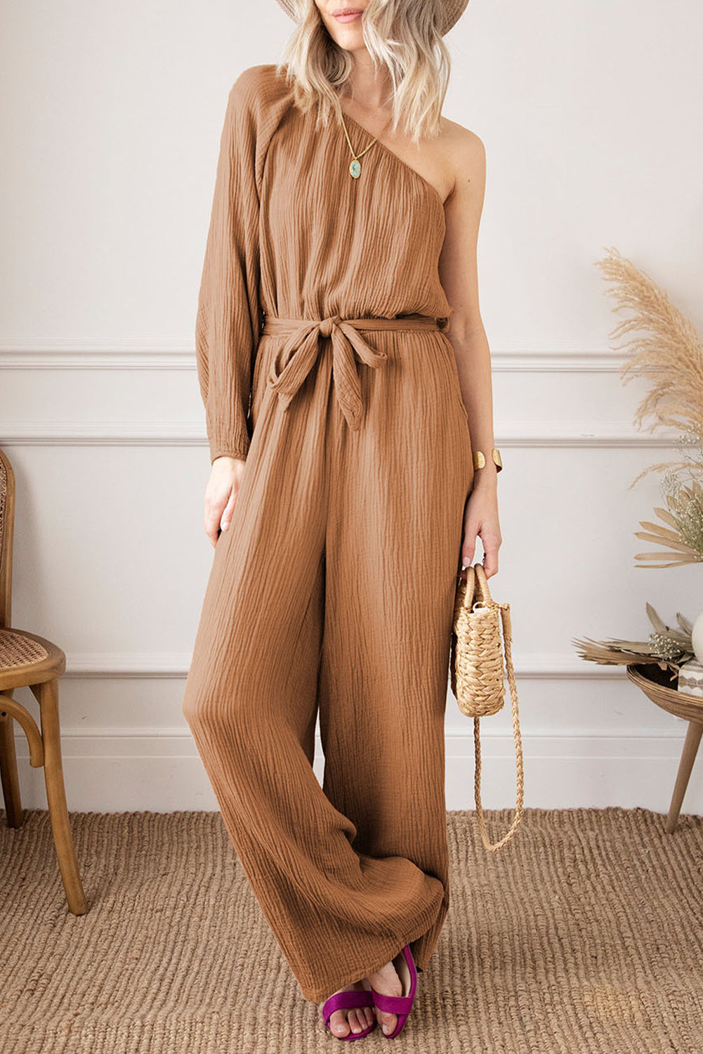 Texture Single Shoulder Tie-Waist Jumpsuit-Angel Casuals