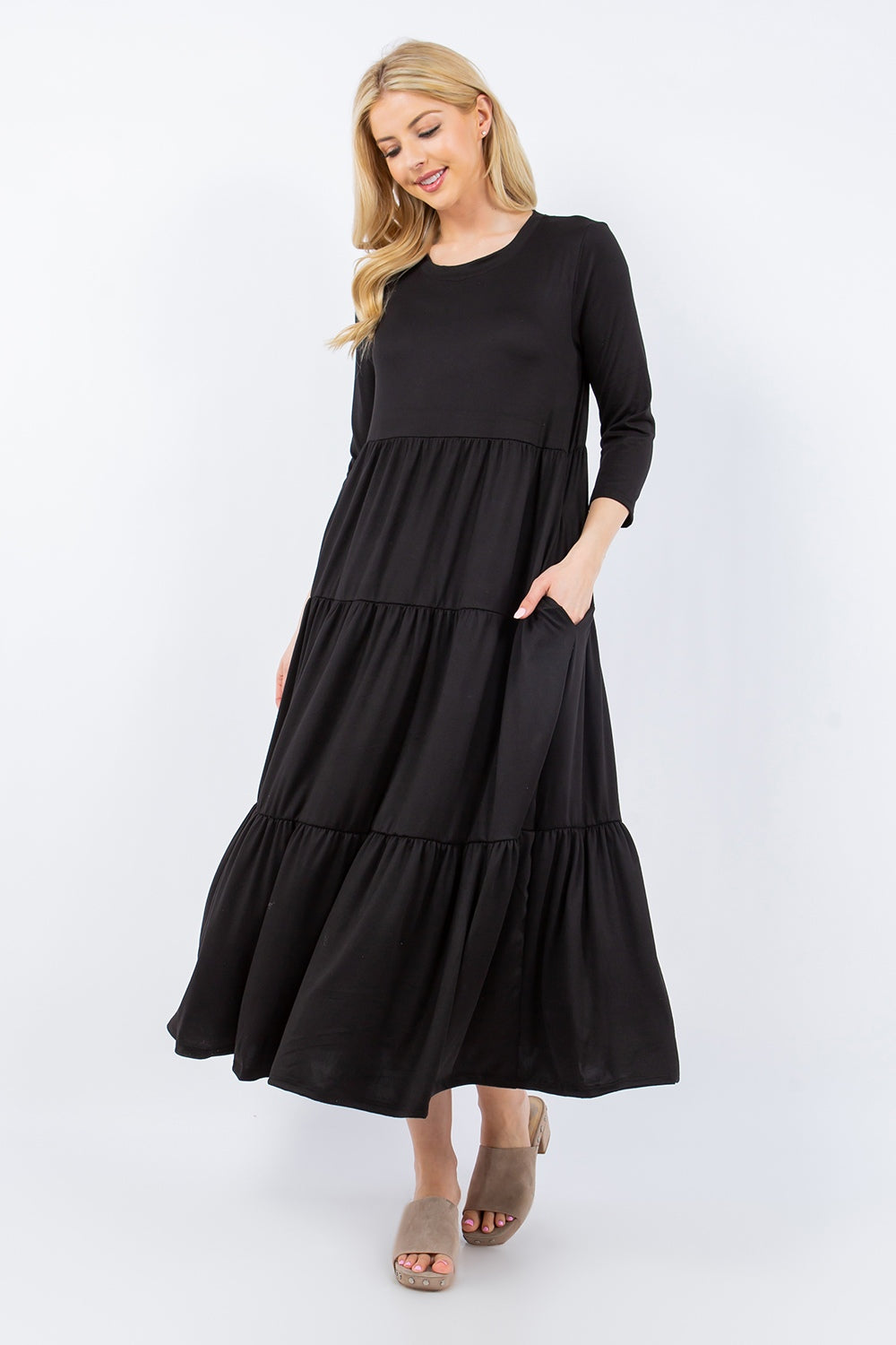 Celeste Full Size Tiered Midi Dress with Pockets-Angel Casuals