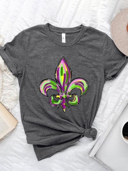 Mardi Gras Graphic Round Neck Short Sleeve T-Shirt-Angel Casuals