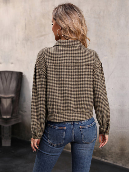 Perfee Houndstooth Collared Neck Button Up Jacket-Angel Casuals