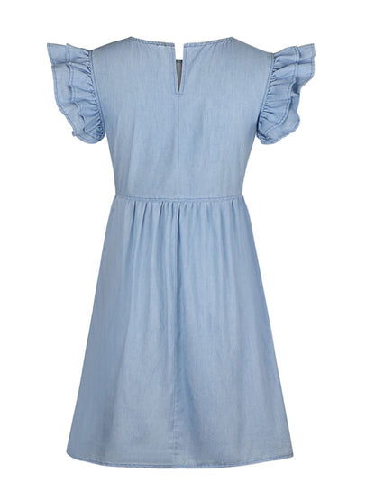 Full Size Ruffled Round Neck Cap Sleeve Denim Dress-Angel Casuals