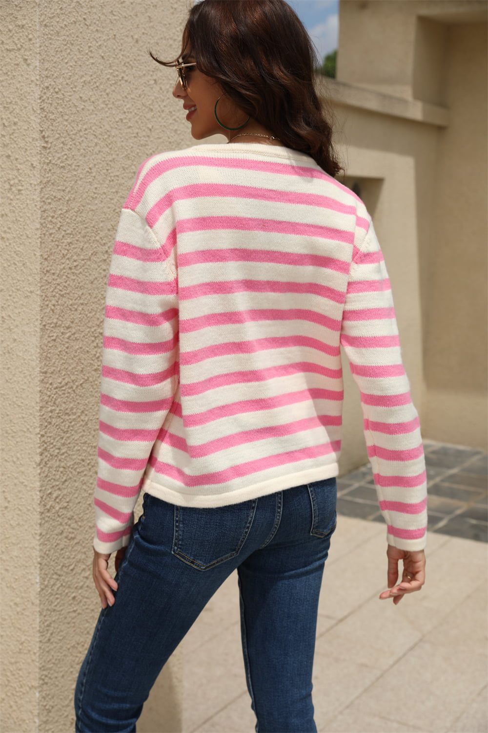 Striped Round Neck Button-Down Dropped Shoulder Cardigan-Angel Casuals