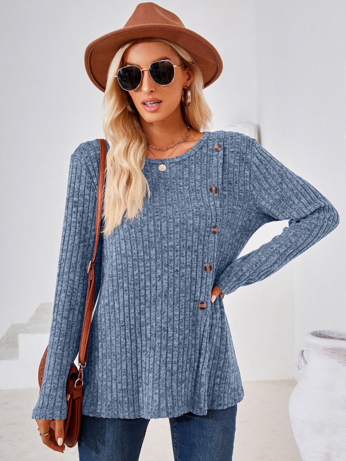 Ribbed Buttoned Round Neck Slit T-Shirt-Angel Casuals