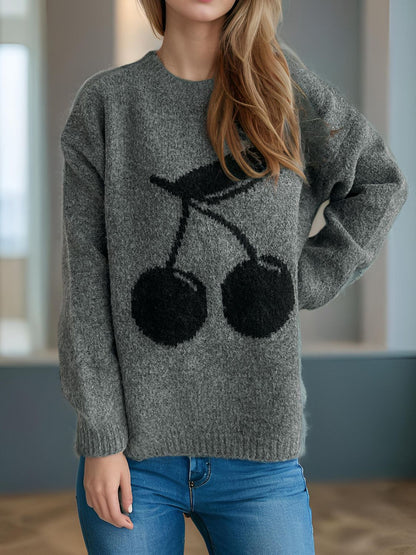 Cherry Round Neck Long Sleeve Sweater-Angel Casuals