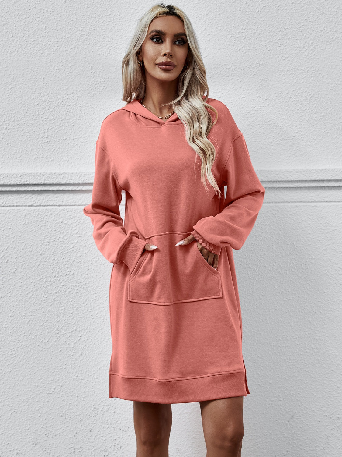 Slit Long Sleeve Hooded Dress with Pocket-Angel Casuals