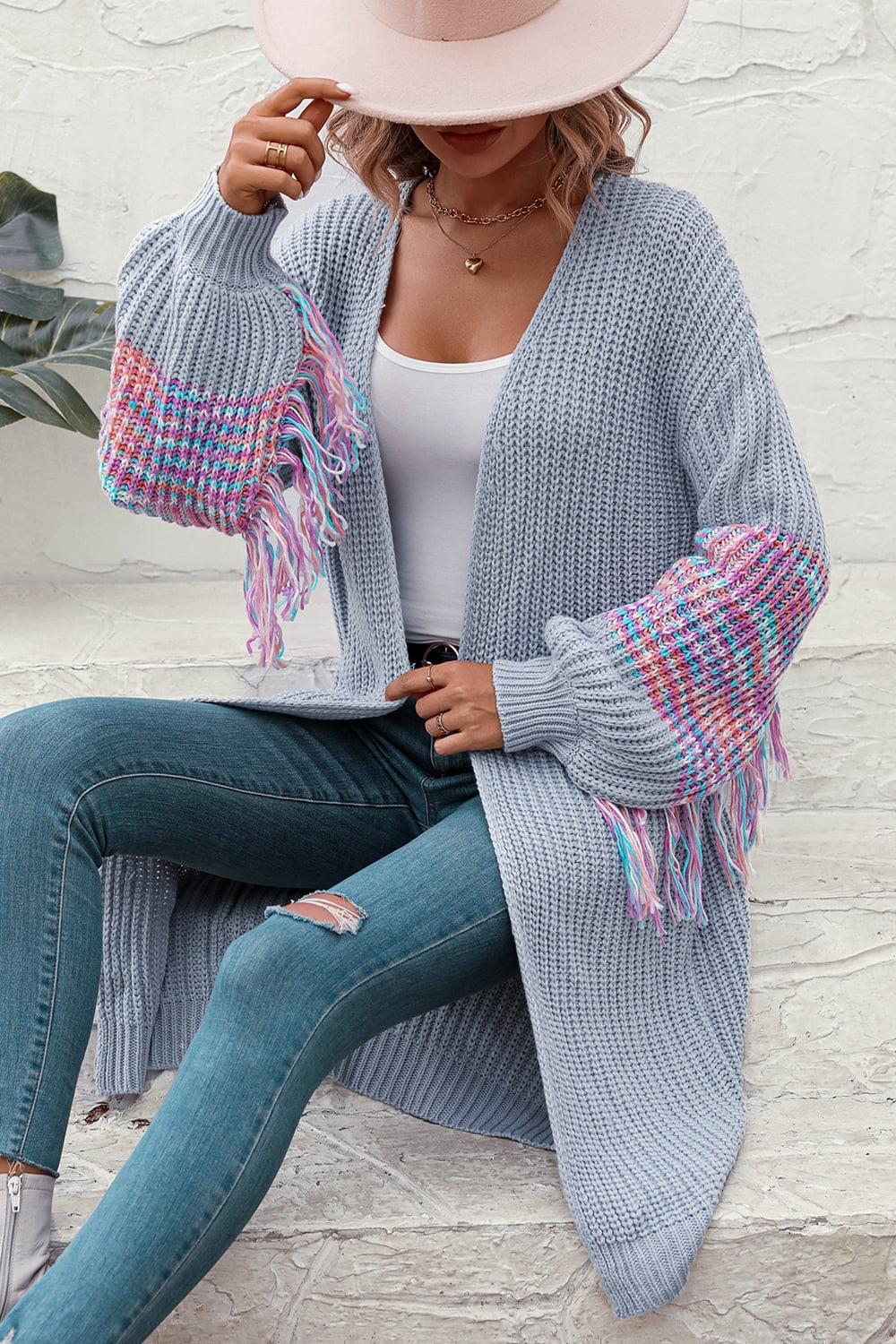 Fringe Sleeve Dropped Shoulder Cardigan-Angel Casuals