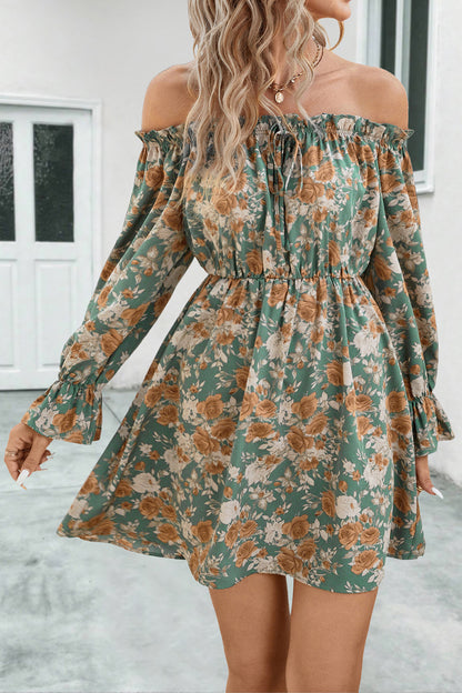 Floral Off-Shoulder Flounce Sleeve Dress-Angel Casuals