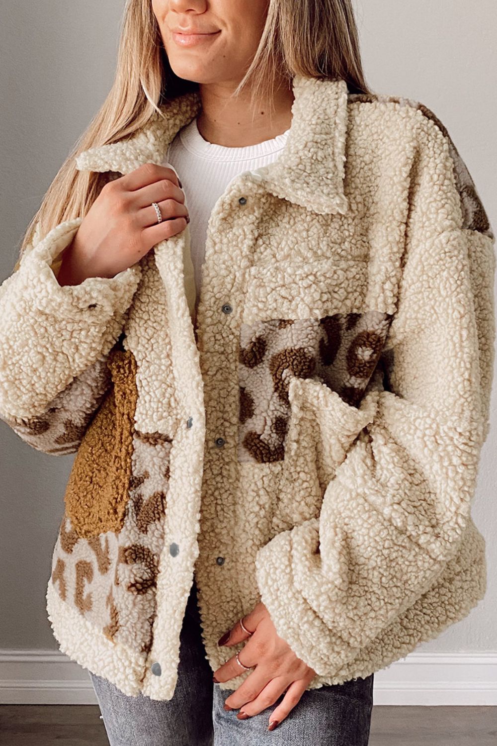 Pocketed Leopard Collared Neck Sherpa Jacket-Angel Casuals