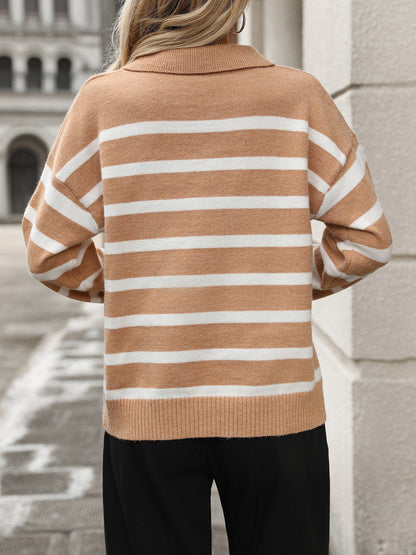 Striped Johnny Collar Long Sleeve Sweater-Angel Casuals