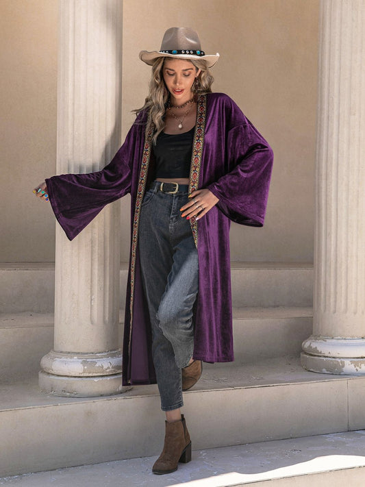 Embroidered Open Front Long Sleeve Cardigan-Angel Casuals