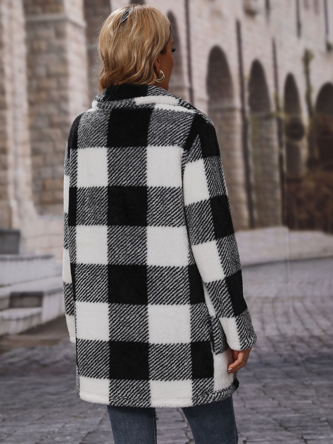 Plaid Collared Neck Coat with Pockets-Angel Casuals