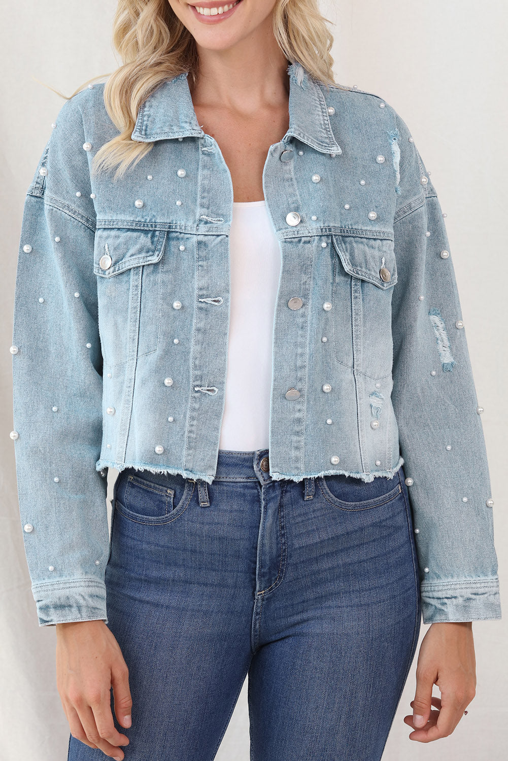 Distressed Pearl Trim Button Up Denim Jacket-Angel Casuals