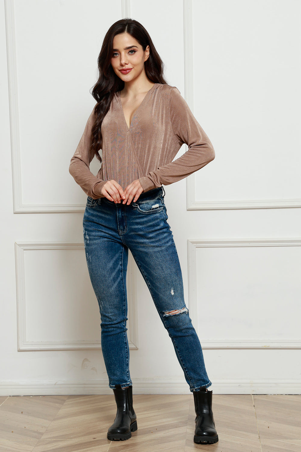 V-Neck Long Sleeve Bodysuit-Angel Casuals