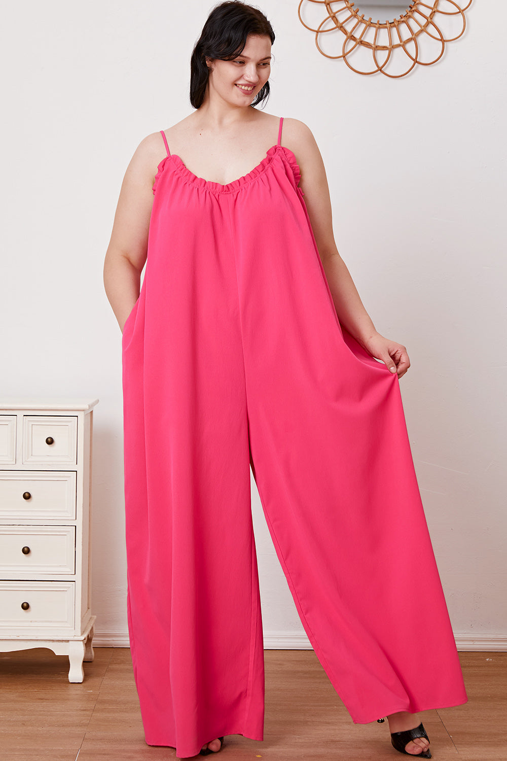 Double Take Full Size Ruffle Trim Tie Back Cami Jumpsuit with Pockets-Angel Casuals