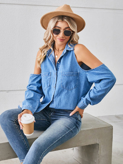 Cold Shoulder Pocketed Button Up Denim Jacket-Angel Casuals