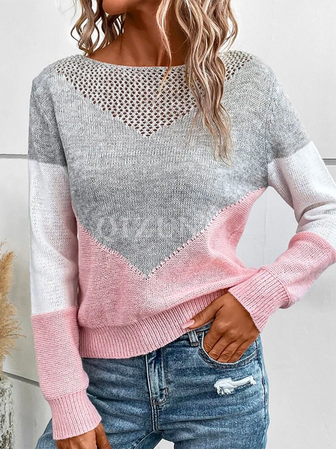 Openwork Contrast Round Neck Long Sleeve Knit Top-Angel Casuals