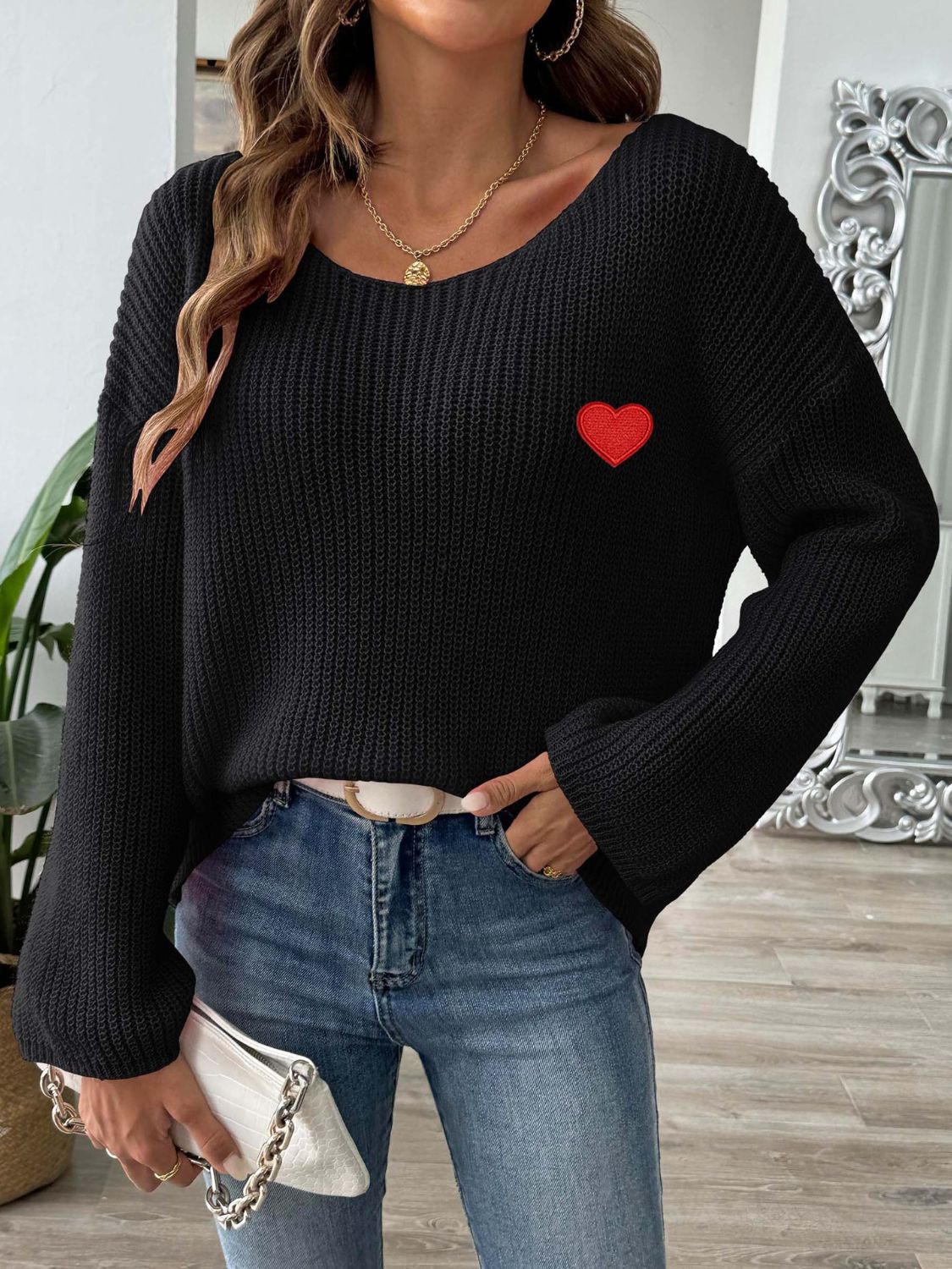 Heart Boat Neck Dropped Shoulder Sweater-Angel Casuals