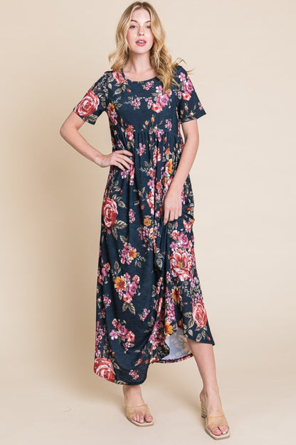 BOMBOM Floral Short Sleeve Maxi Dress-Angel Casuals