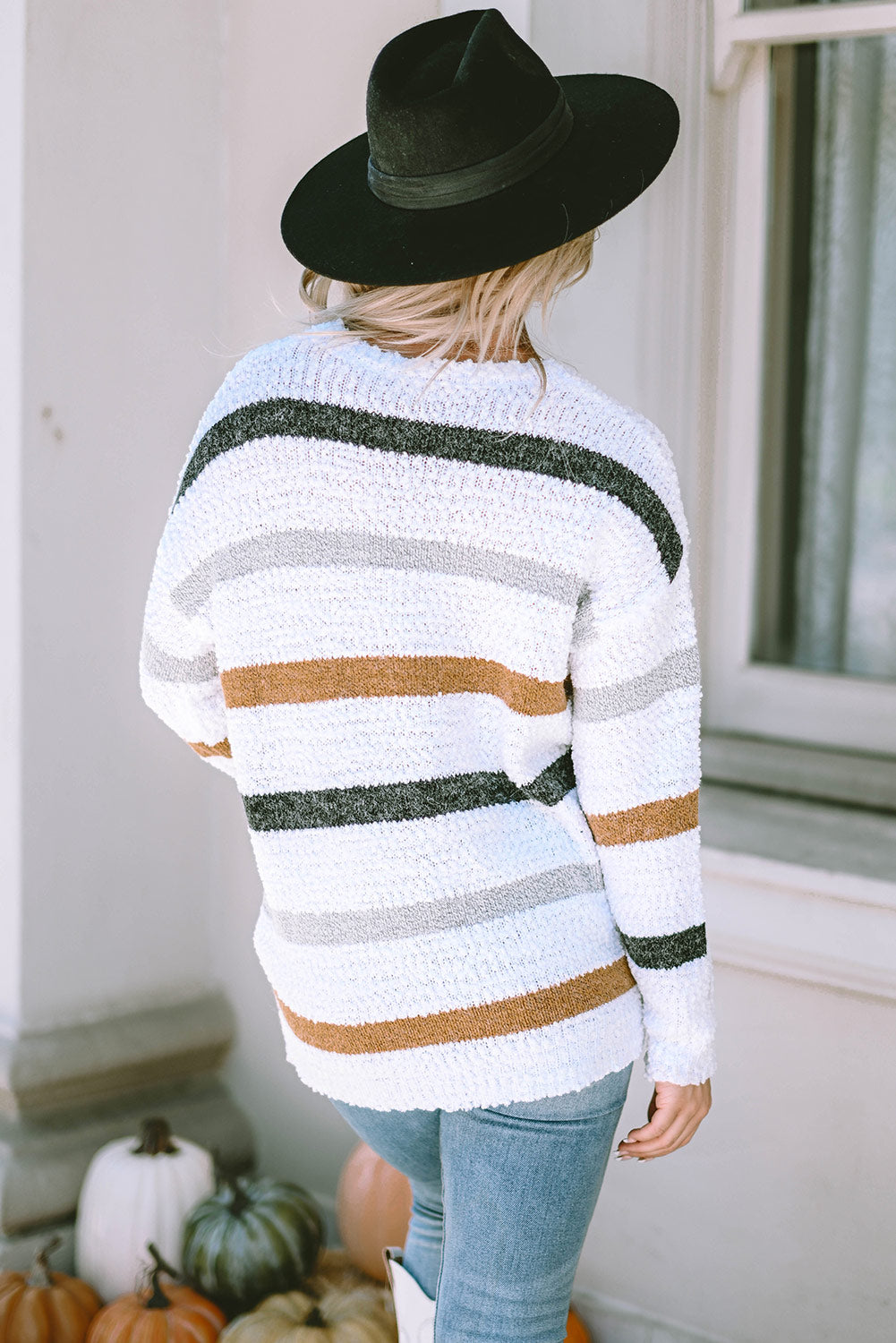 Striped Round Neck Dropped Shoulder Sweater-Angel Casuals