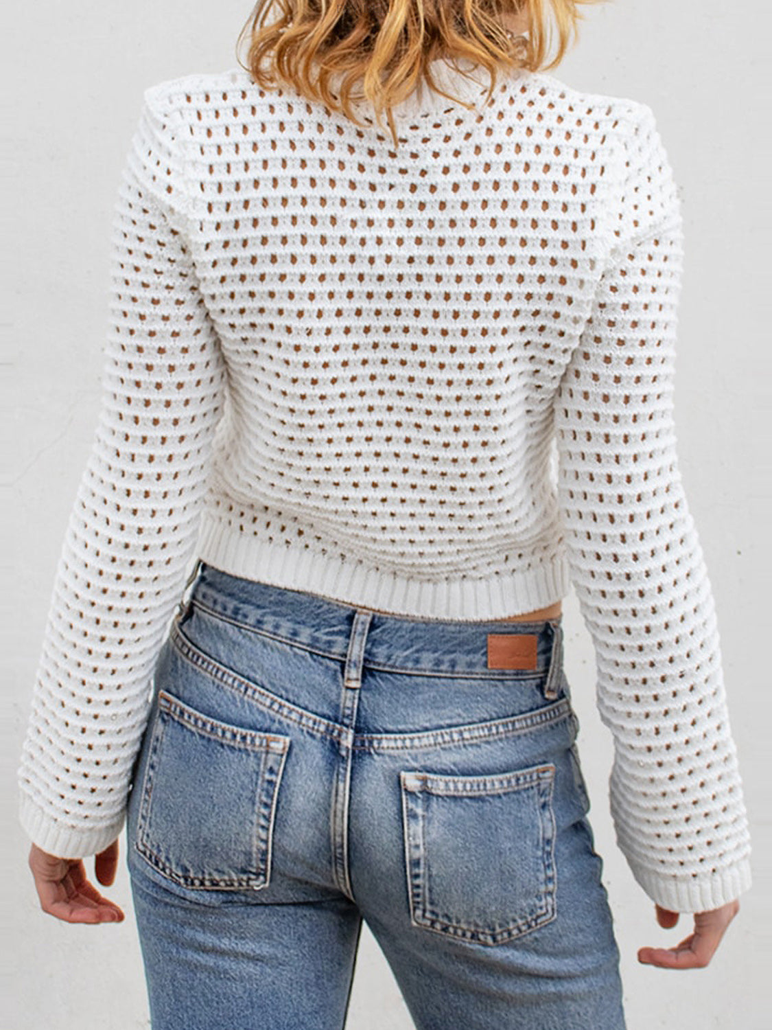 Openwork Round Neck Long Sleeve Knit Top-Angel Casuals