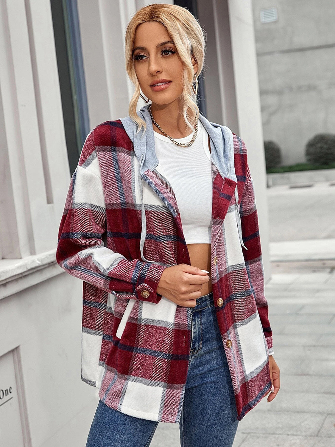 Plaid Hooded Jacket with Pockets-Angel Casuals