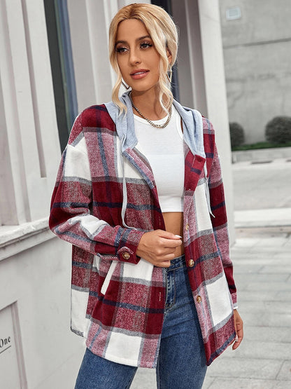 Plaid Hooded Jacket with Pockets-Angel Casuals