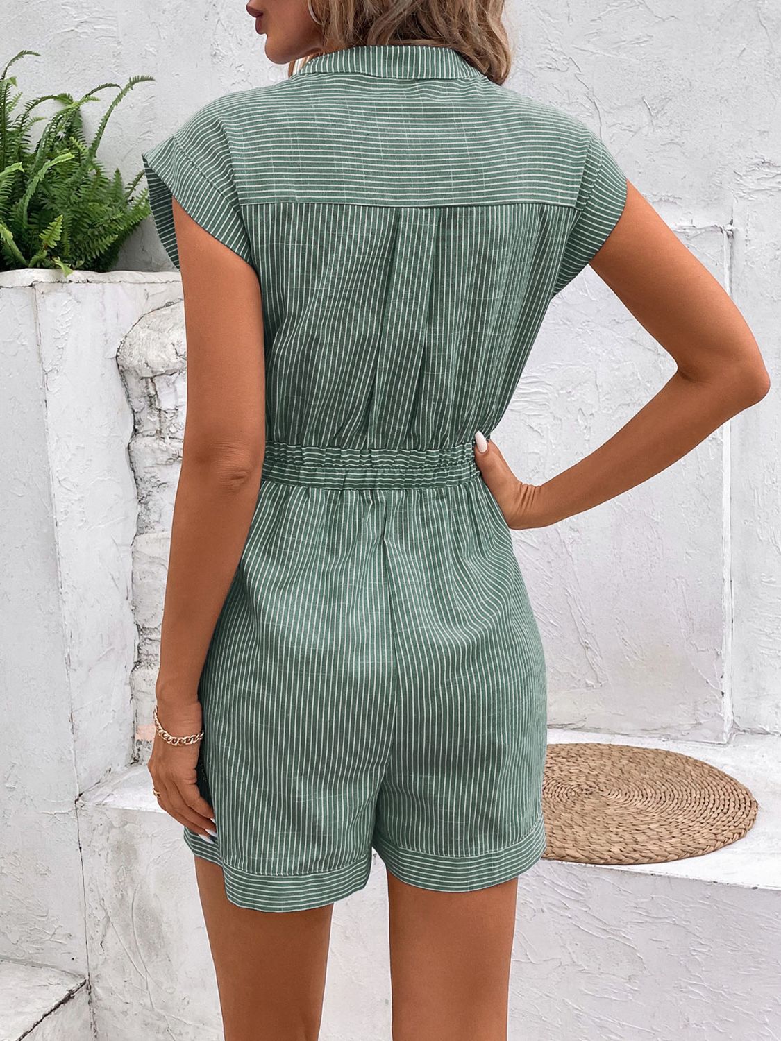 Striped Notched Tie Waist Romper-Angel Casuals