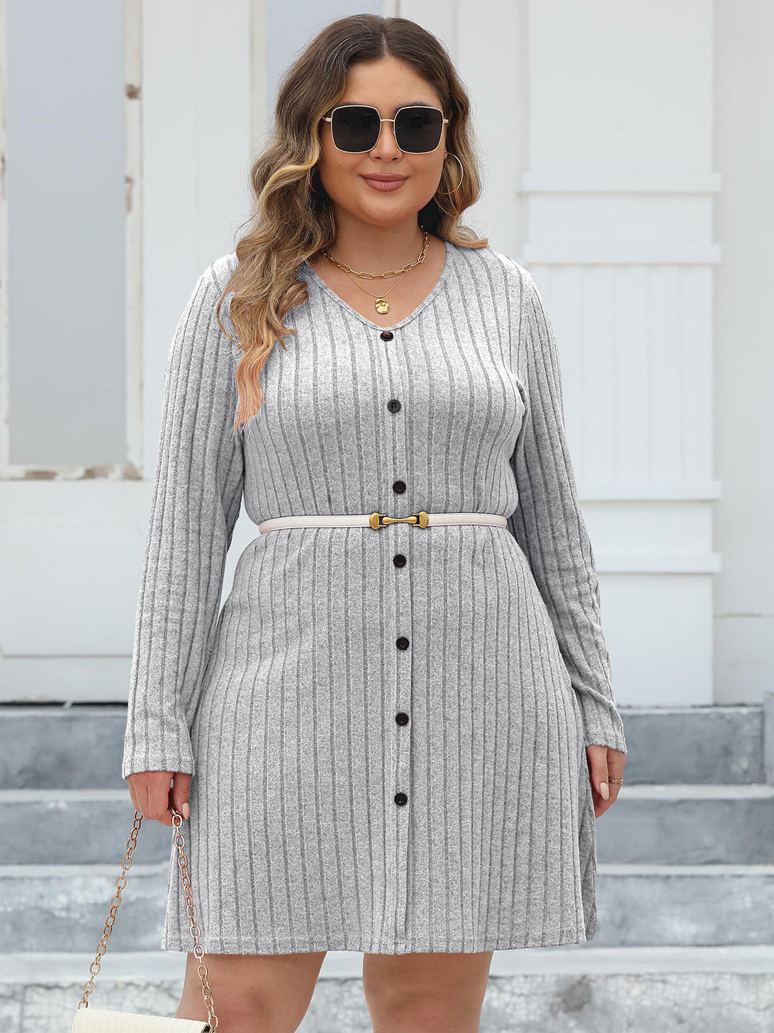 Plus Size Ribbed Buttoned V-Neck Long Sleeve Dress-Angel Casuals